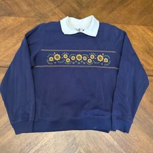 C&K Designs Navy Blue Sunflower Embroidered Sweatshirt Collar Large Vintage